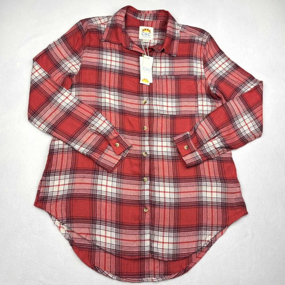 NWT C&C California Shirt Womens Medium Red Plaid Button Down Tunic Rayon Blouse